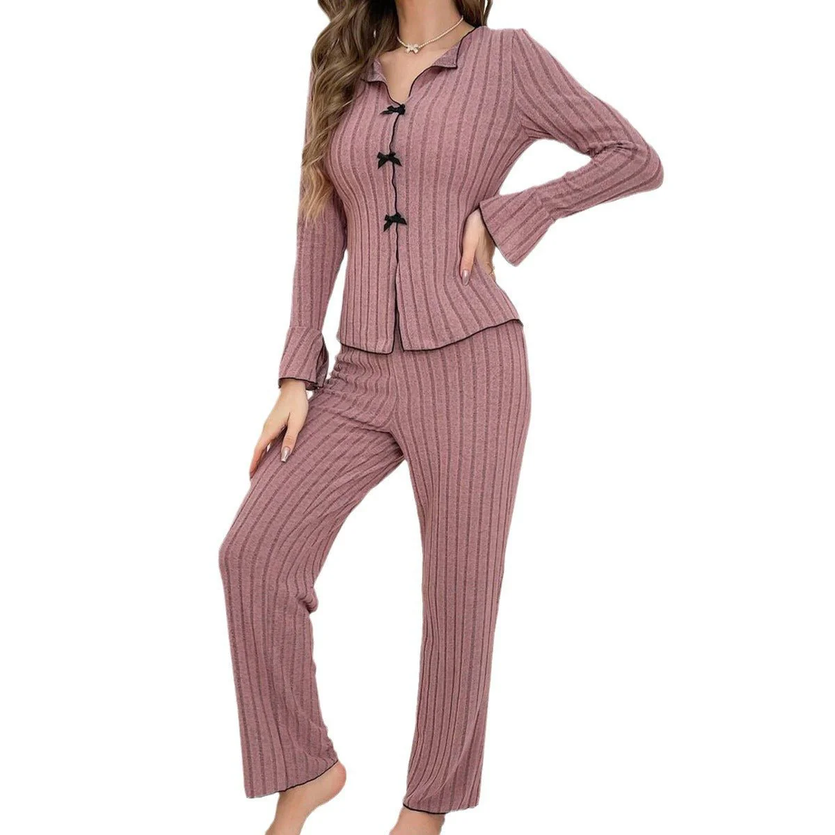 Lapel collar leisure bow long-sleeved trousers home clothes FD - Image 5