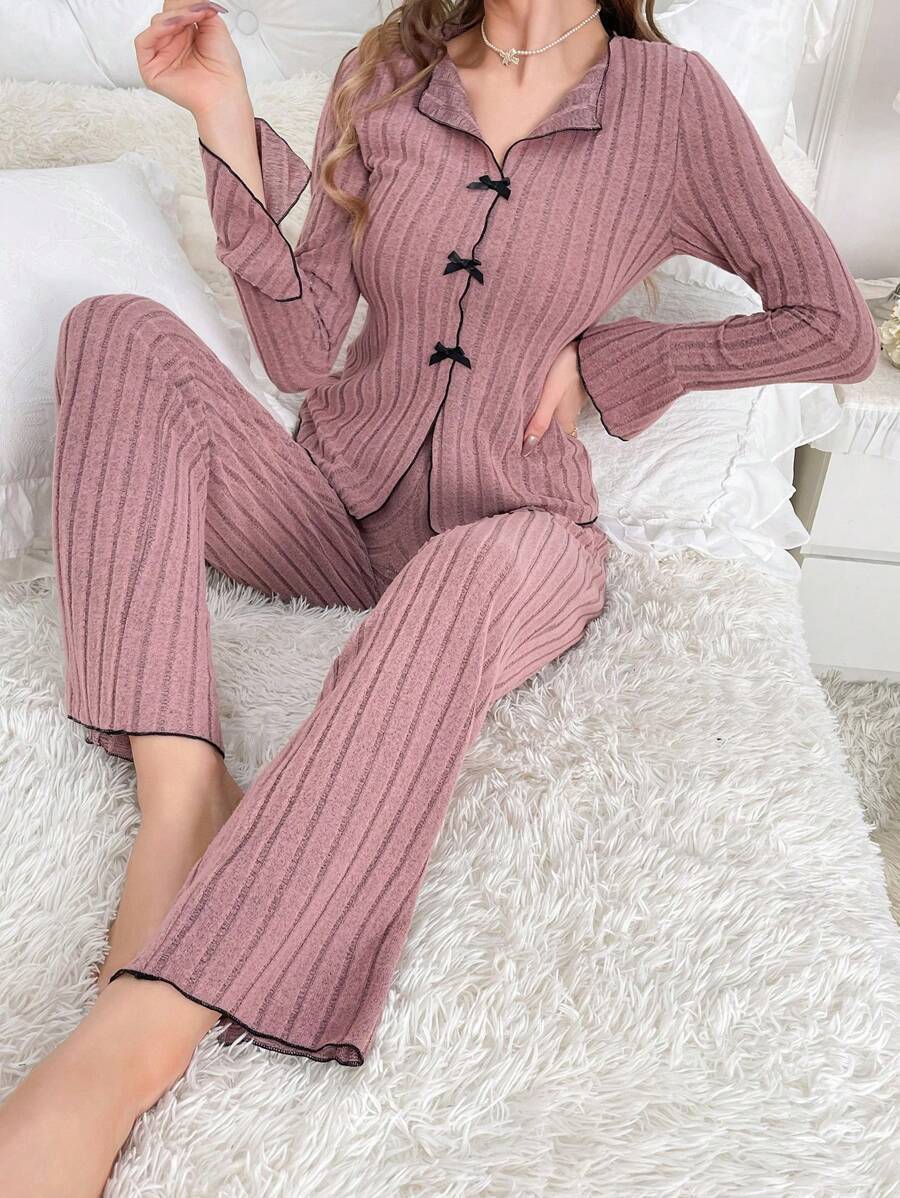 Lapel collar leisure bow long-sleeved trousers home clothes FD - Image 7