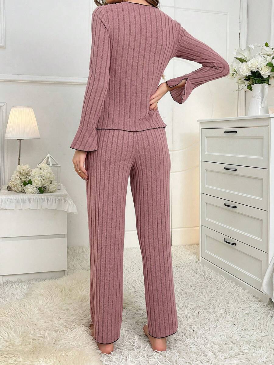 Lapel collar leisure bow long-sleeved trousers home clothes FD - Image 9