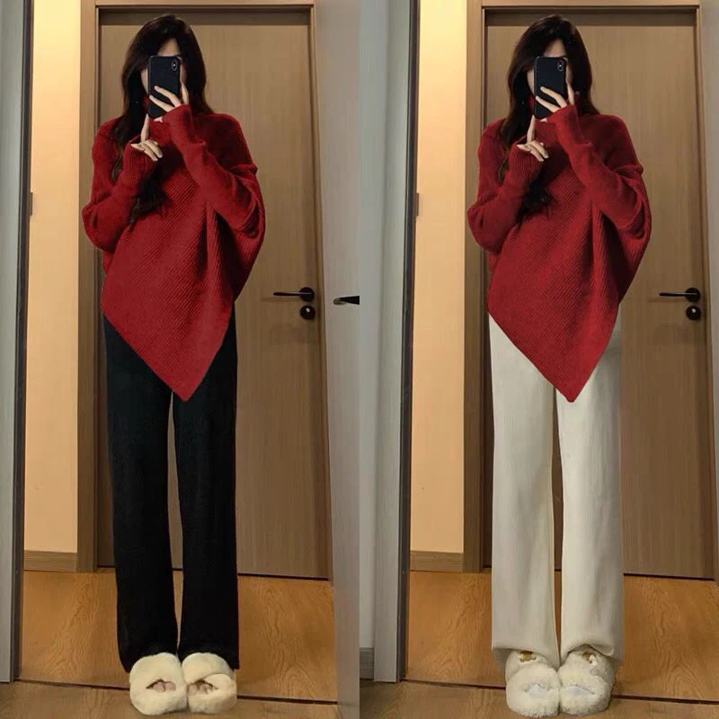 Lazy wind soft waxy knitted top thickened irregular turtleneck solid color sweater - Image 4