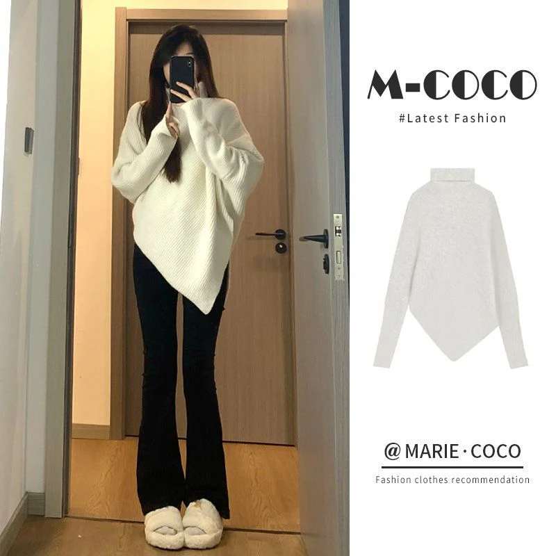 Lazy wind soft waxy knitted top thickened irregular turtleneck solid color sweater - Image 7