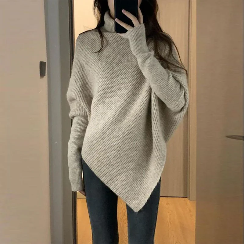 Lazy wind soft waxy knitted top thickened irregular turtleneck solid color sweater FD