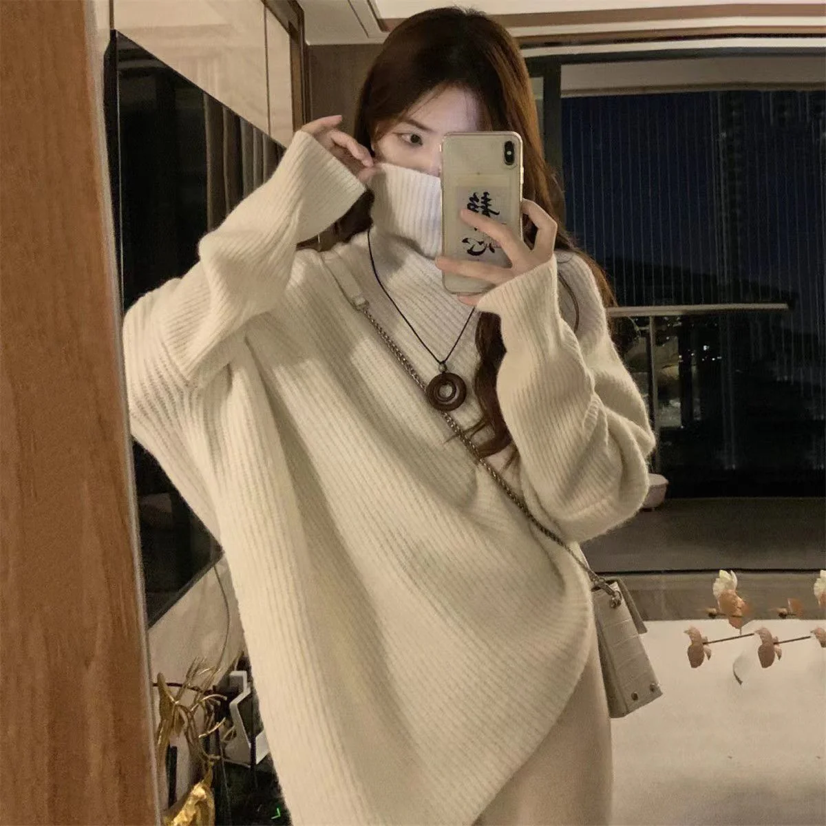 Lazy wind soft waxy knitted top thickened irregular turtleneck solid color sweater FD - Image 2