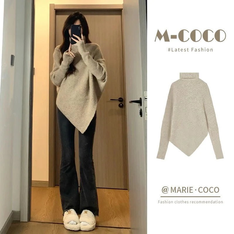 Lazy wind soft waxy knitted top thickened irregular turtleneck solid color sweater FD - Image 6