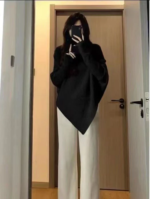 Lazy wind soft waxy knitted top thickened irregular turtleneck solid color sweater FD - Image 8