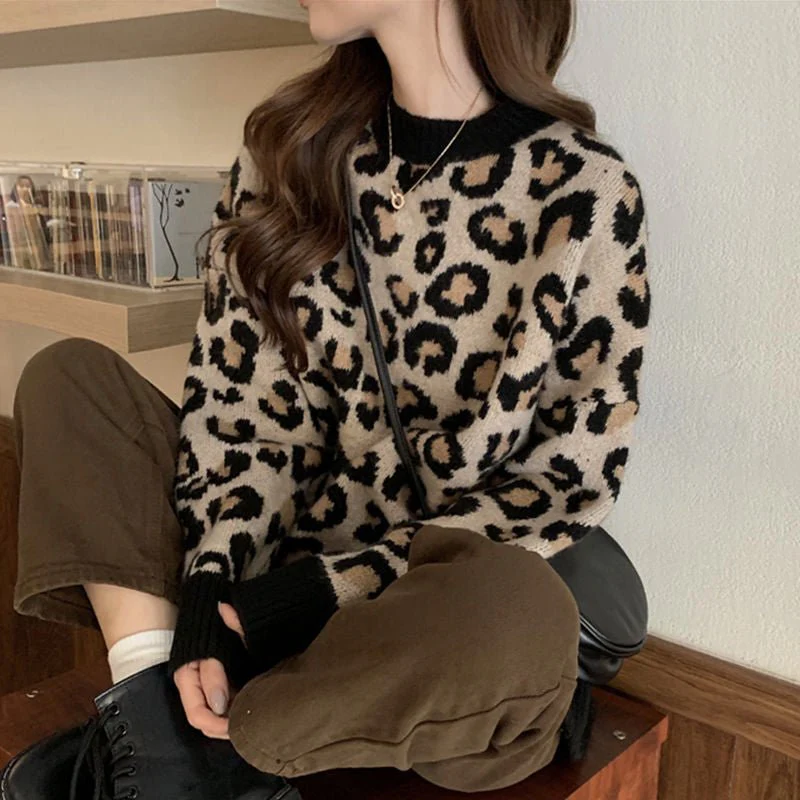 Leopard Charm | Loose Leopard Print Knitted Pullover Sweater - Image 2