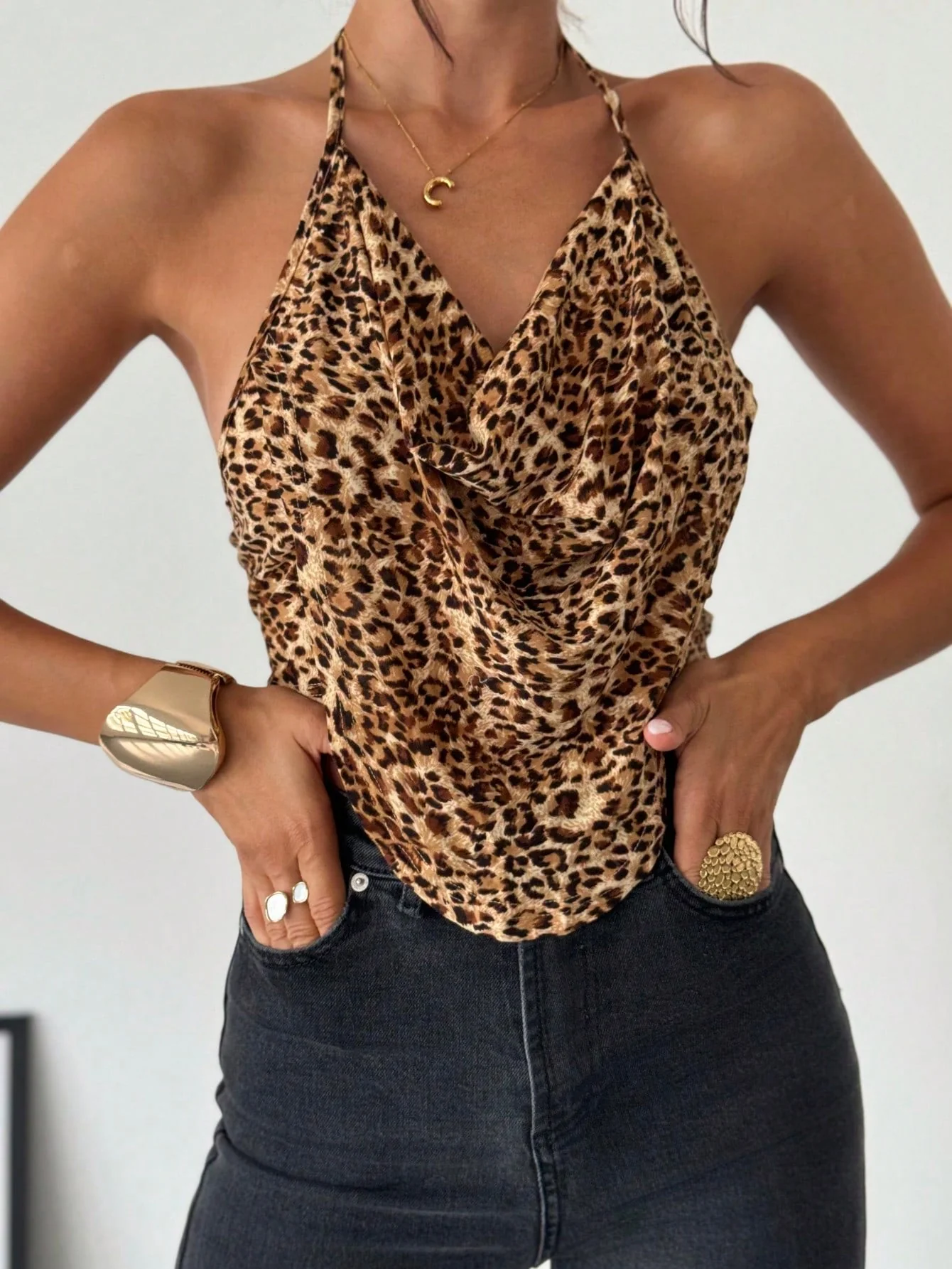 Leopard Print Deep V-Neck Draped Backless Elegant Sxy Party Halter  Leopard Top - Image 2