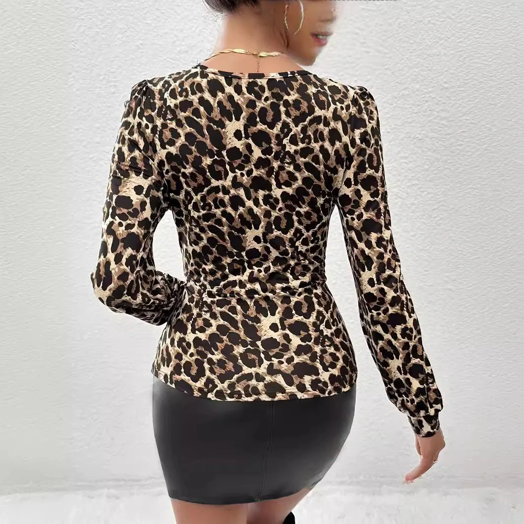 Leopard print lace splicing collar pleated T-shirt top women - Image 2