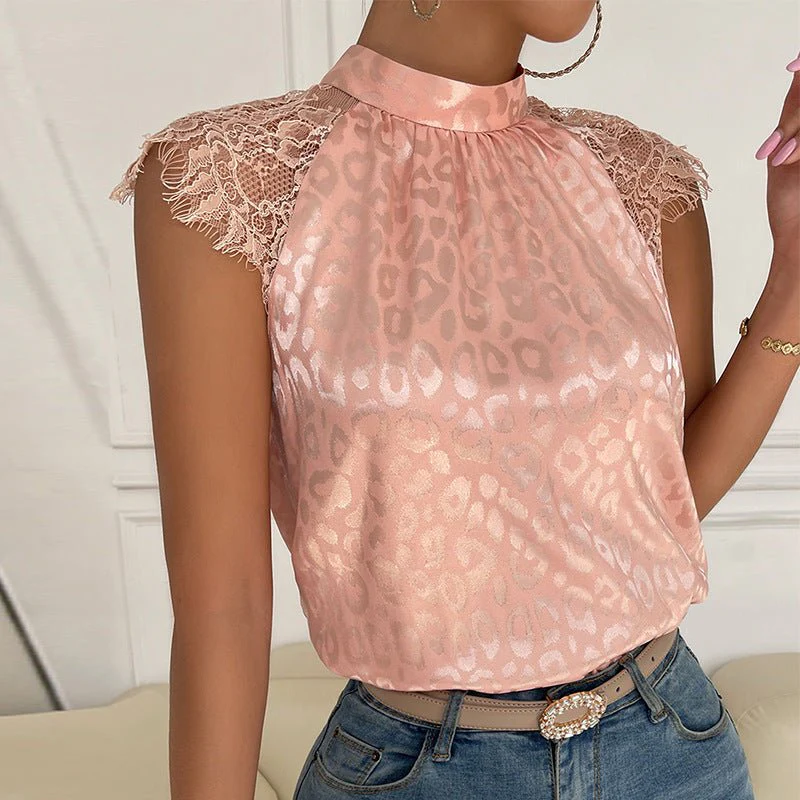 Leopard print semi-turtleneck shirt lace sleeve top