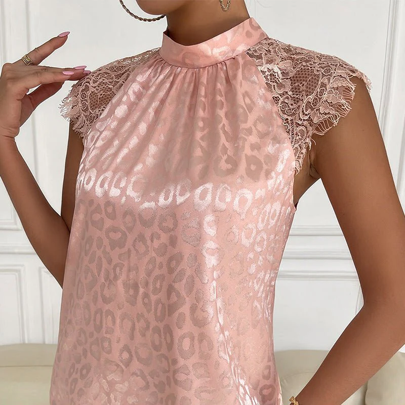 Leopard print semi-turtleneck shirt lace sleeve top - Image 2