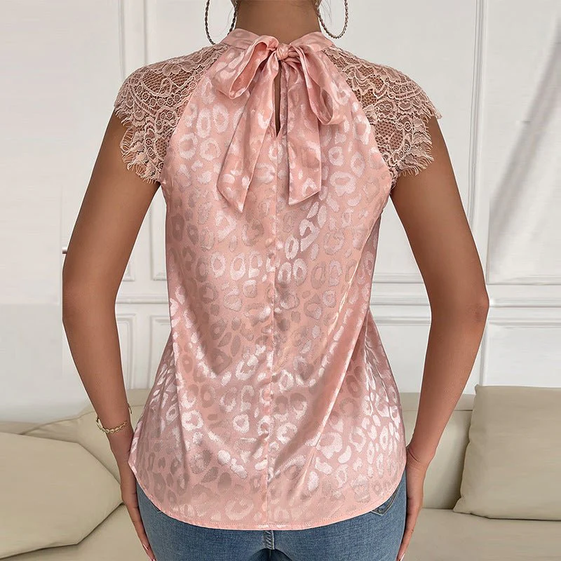 Leopard print semi-turtleneck shirt lace sleeve top - Image 3