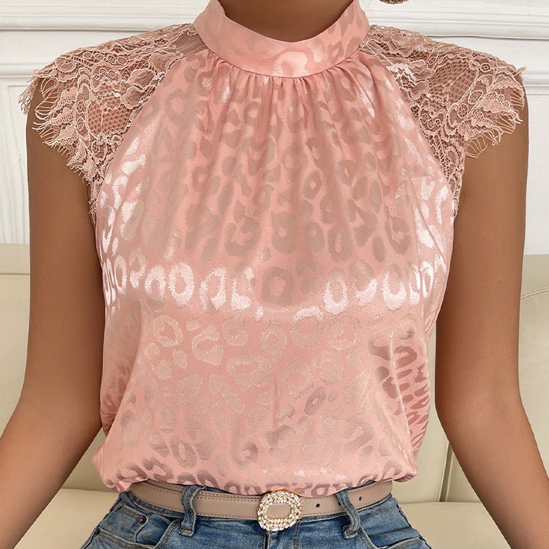 Leopard print semi-turtleneck shirt lace sleeve top - Image 4