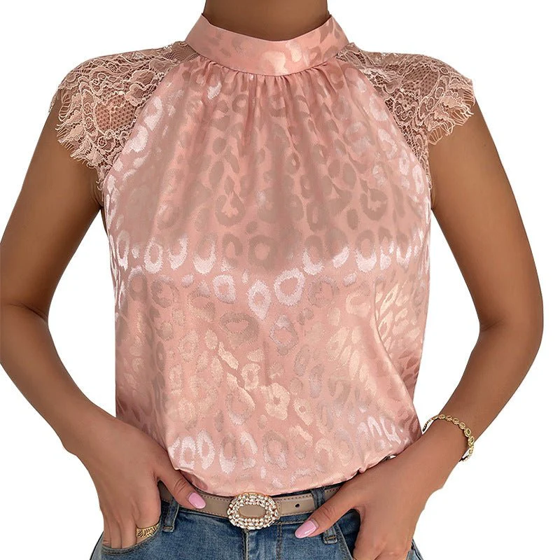 Leopard print semi-turtleneck shirt lace sleeve top - Image 5
