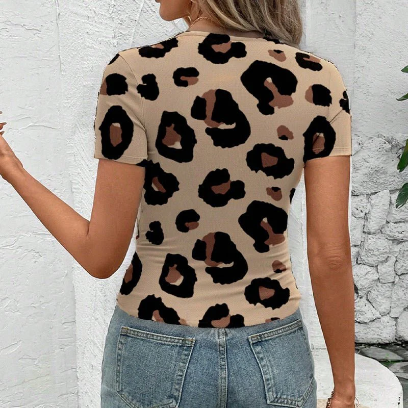 Leopard Print T-Shirt Milk Silk Elastic Short Sleeve Slim Top FD - Image 3