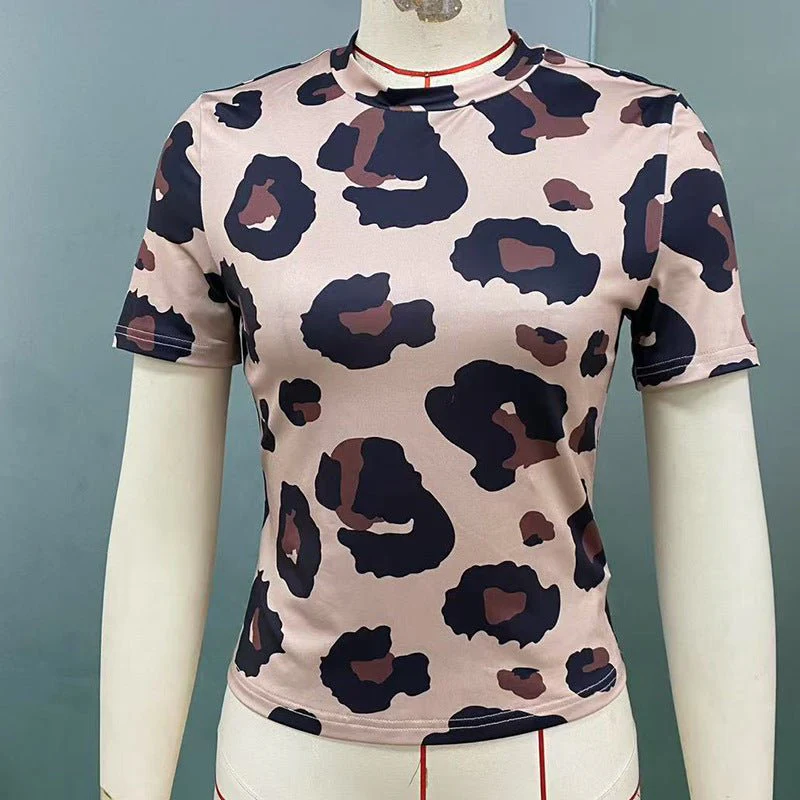 Leopard Print T-Shirt Milk Silk Elastic Short Sleeve Slim Top FD - Image 4