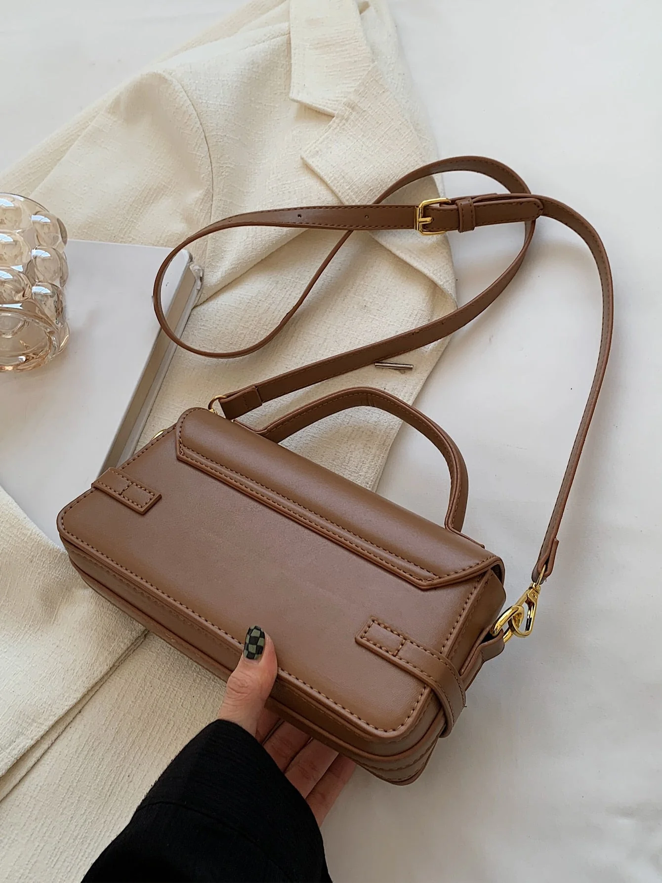 Letter Embossed Buckle Decor Flap Square Bag - Image 3