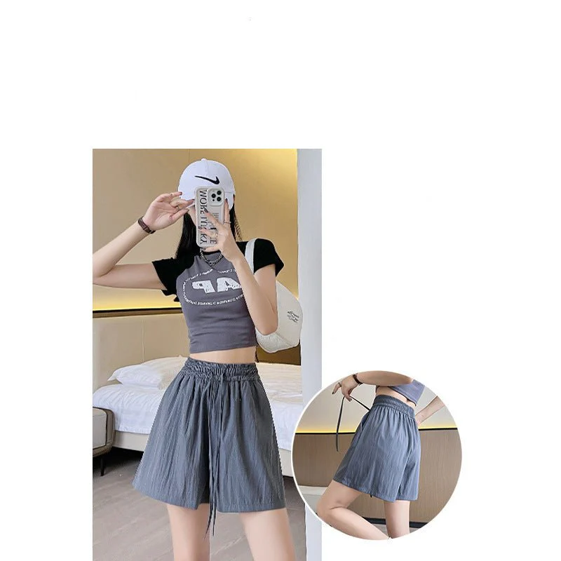 Light green ice silk Yamamoto shorts outside women's summer 2025 new high-waisted wide-leg medium pants loose casual five-point pants (FD) - Image 3
