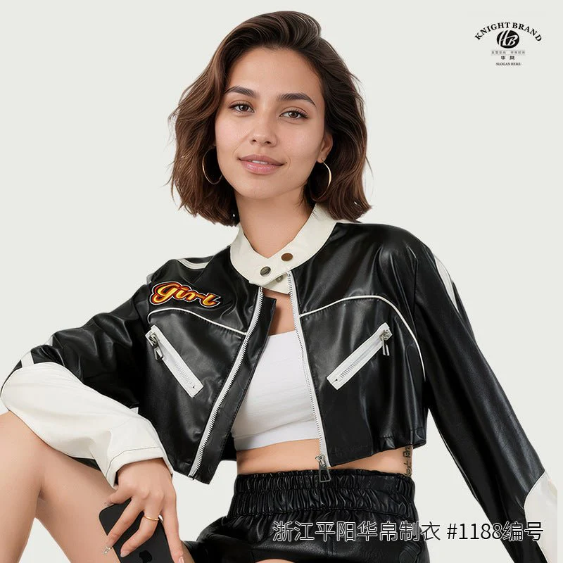 Locomotive Edge | Women's Contrasting Splicing Faux Leather Jacket White - Image 6