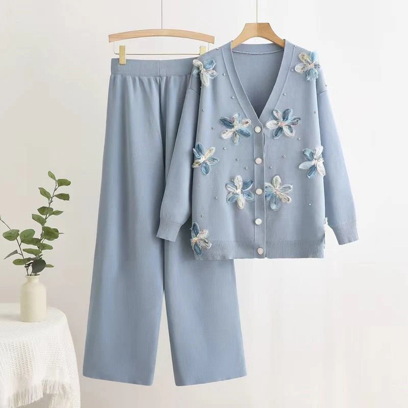 Long-sleeved knitted two-piece set three-dimensional butterfly top wide-leg pants set