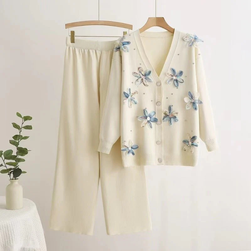 Long-sleeved knitted two-piece set three-dimensional butterfly top wide-leg pants set - Image 2