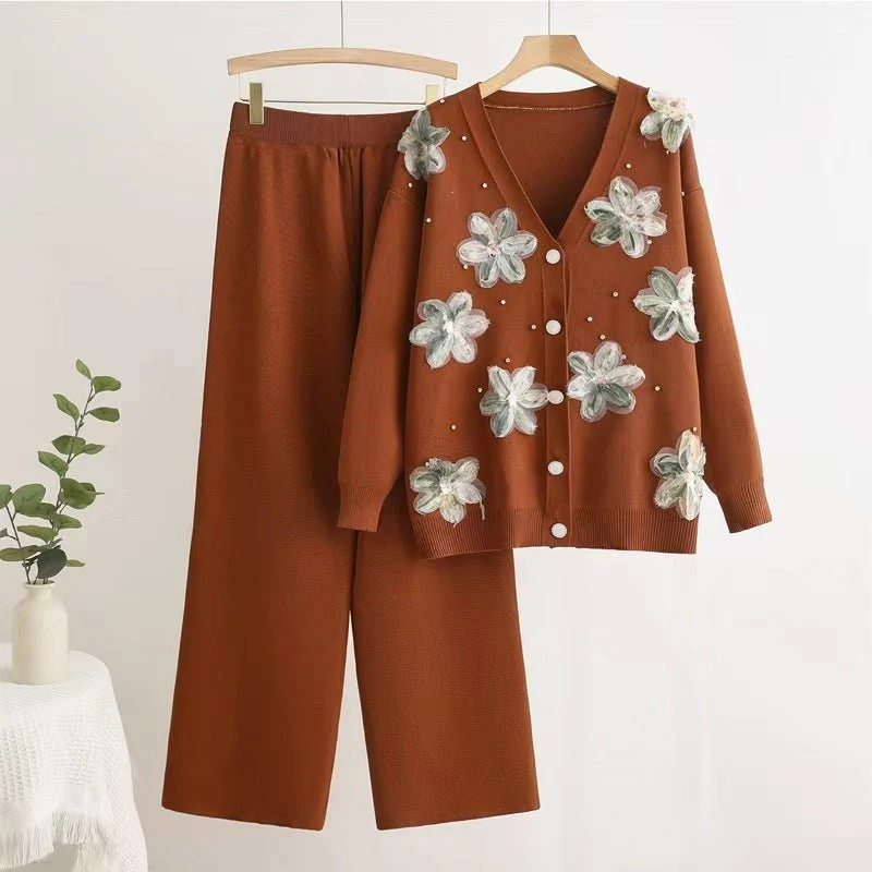 Long-sleeved knitted two-piece set three-dimensional butterfly top wide-leg pants set - Image 3