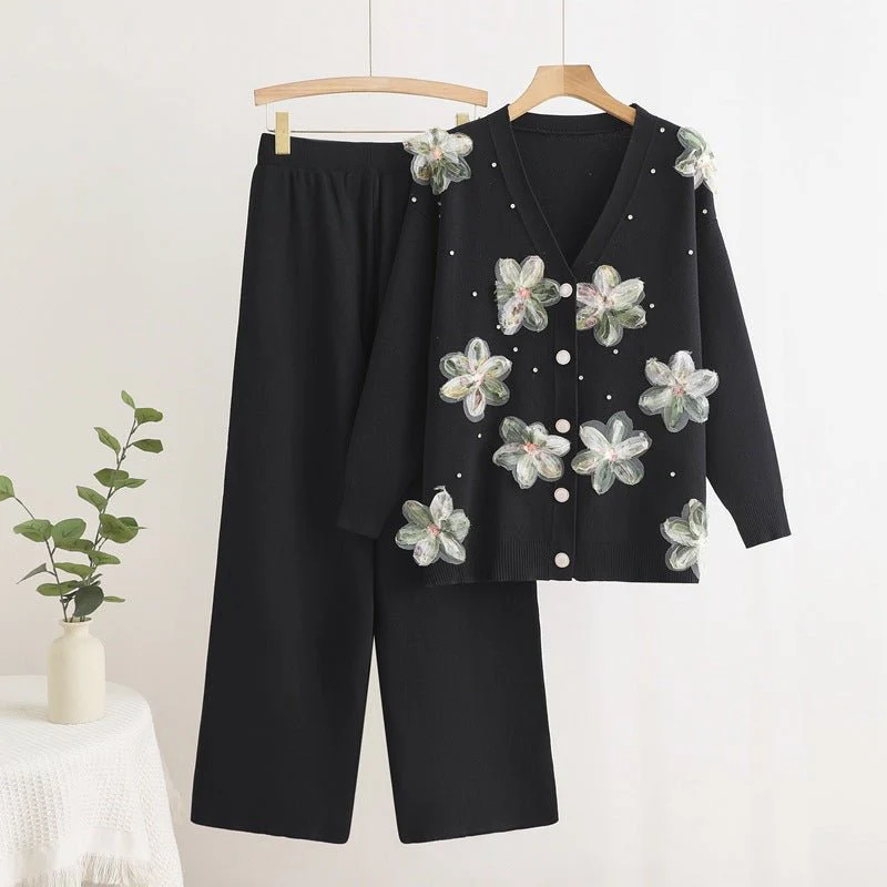 Long-sleeved knitted two-piece set three-dimensional butterfly top wide-leg pants set - Image 4