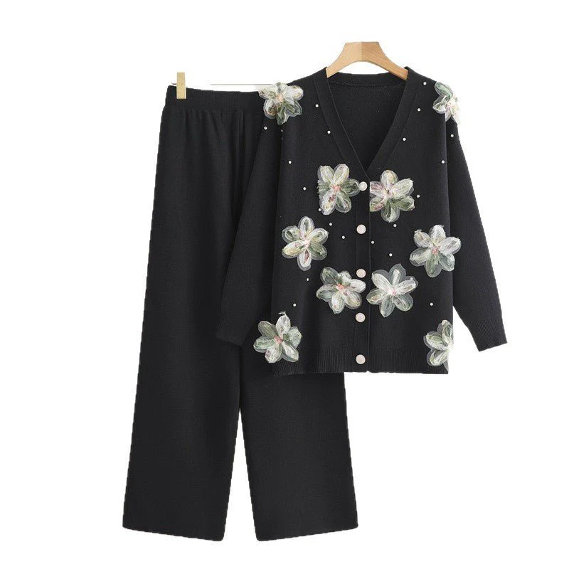 Long-sleeved knitted two-piece set three-dimensional butterfly top wide-leg pants set - Image 5
