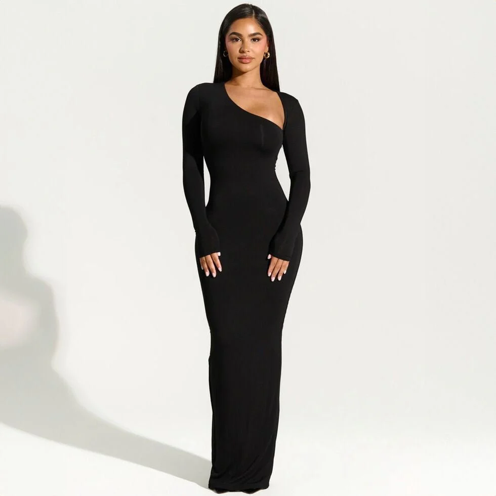 Long-sleeved oblique collar sexy hot girl slim back slit dress FD