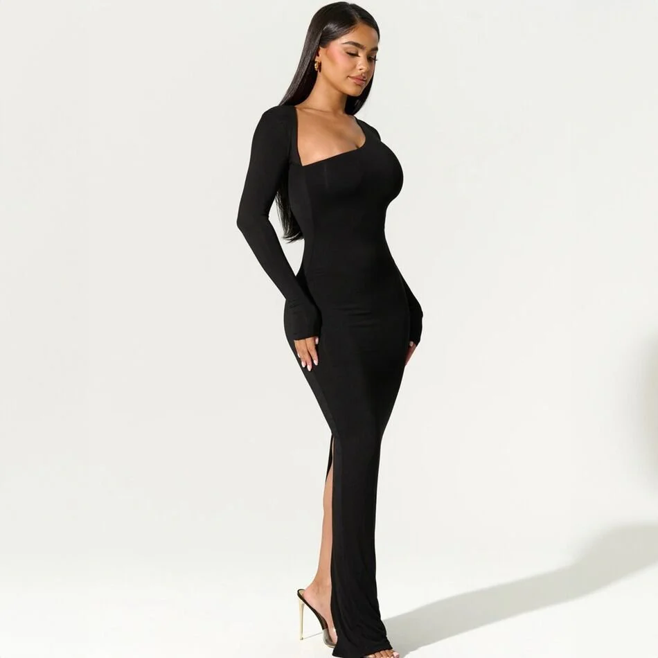 Long-sleeved oblique collar sexy hot girl slim back slit dress FD - Image 3