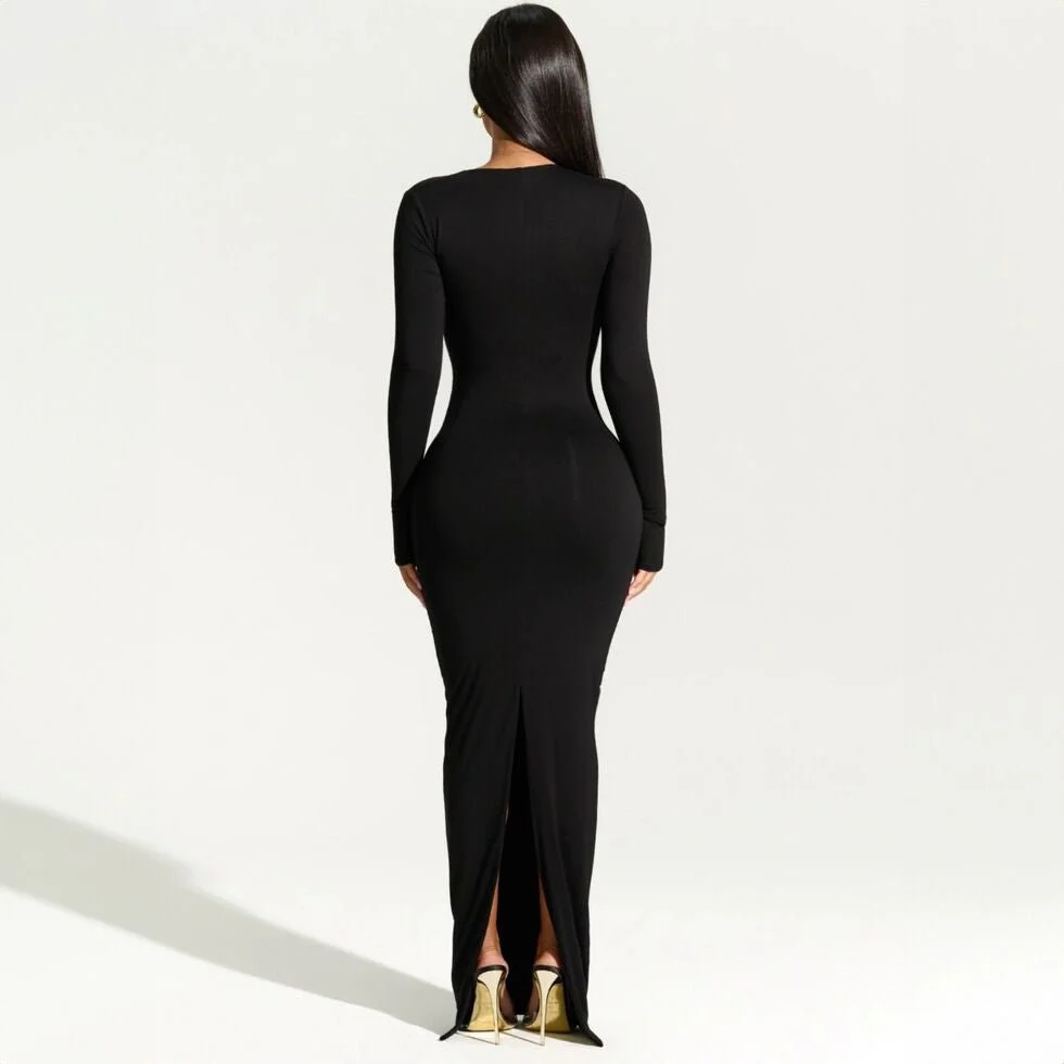 Long-sleeved oblique collar sexy hot girl slim back slit dress FD - Image 4
