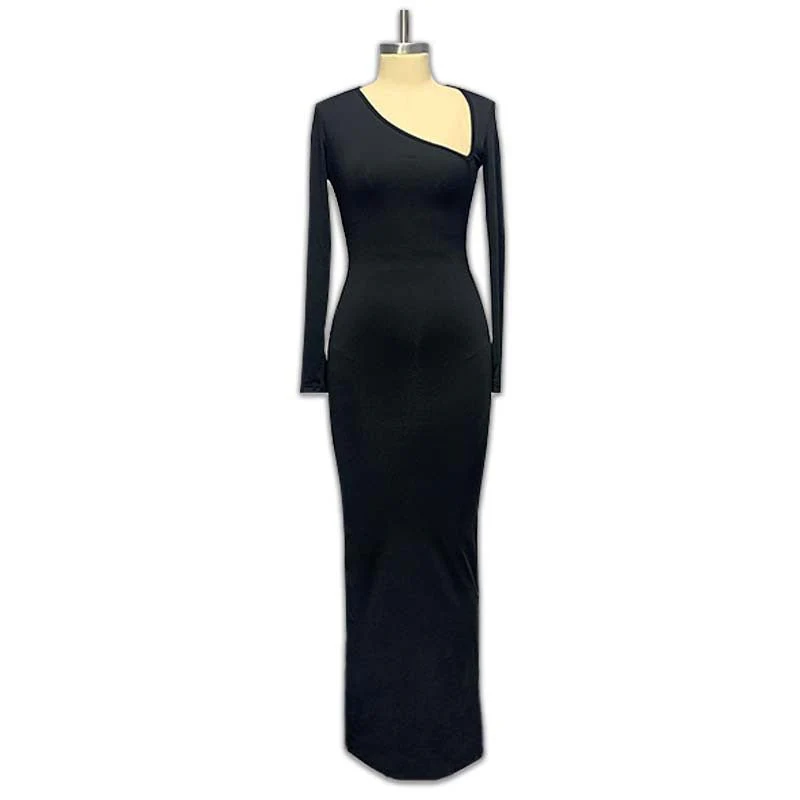 Long-sleeved oblique collar sexy hot girl slim back slit dress FD - Image 5