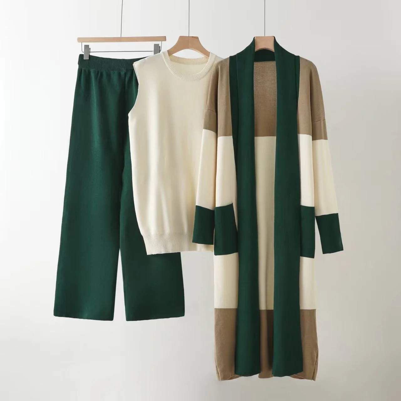 Loose cardigan jacket knitted three-piece vest wide-leg pants casual lazy co-ord set - Image 2