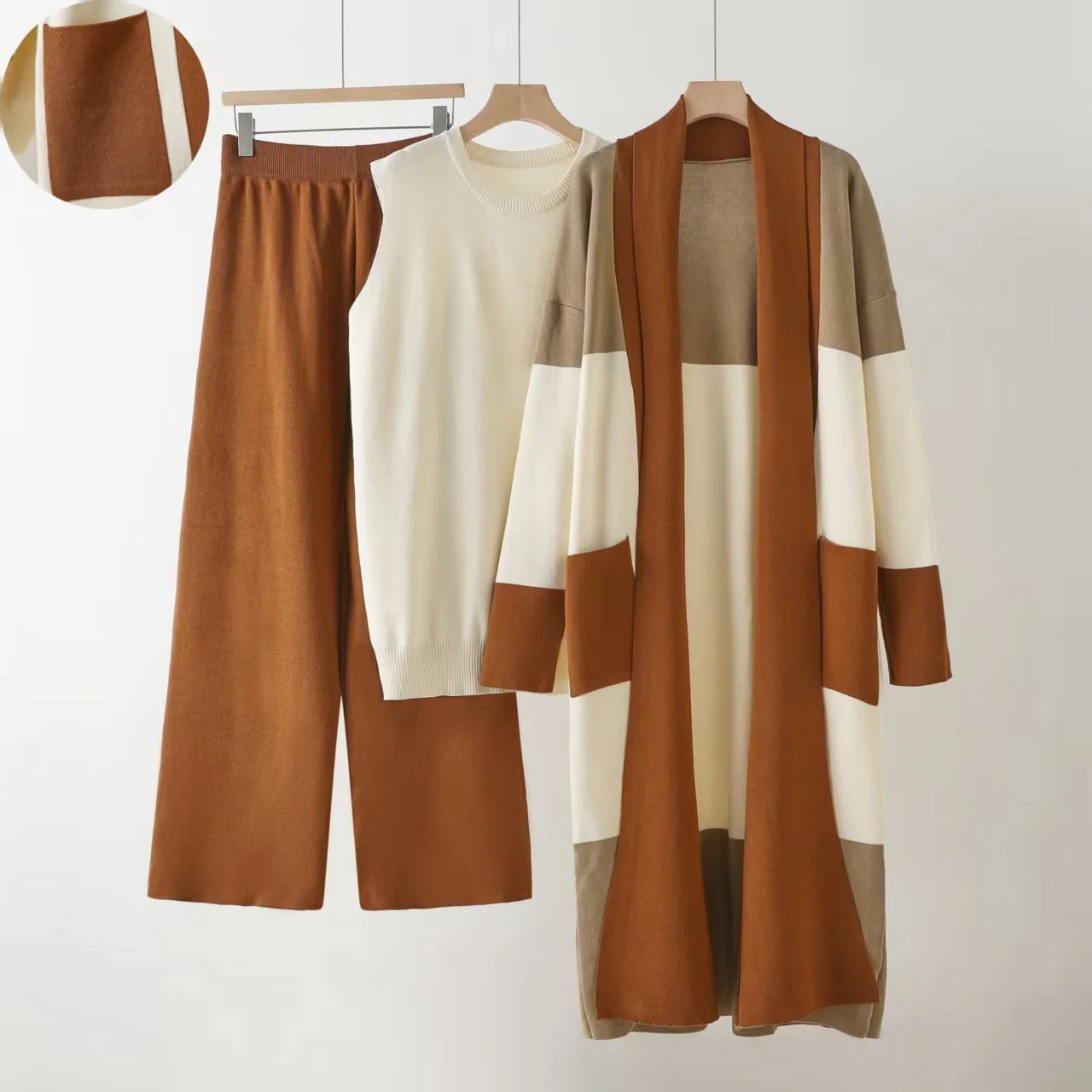 Loose cardigan jacket knitted three-piece vest wide-leg pants casual lazy co-ord set - Image 3
