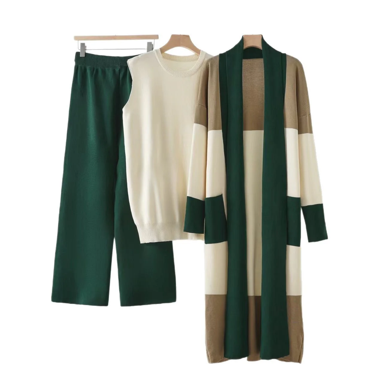 Loose cardigan jacket knitted three-piece vest wide-leg pants casual lazy co-ord set - Image 5