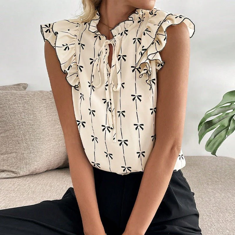 Lotus leaf short-sleeved shirt drawstring lace collar pullover women