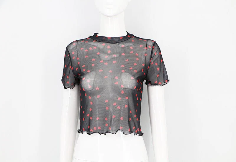 Love mesh sxy cute style navel-baring short tops for women - Image 17