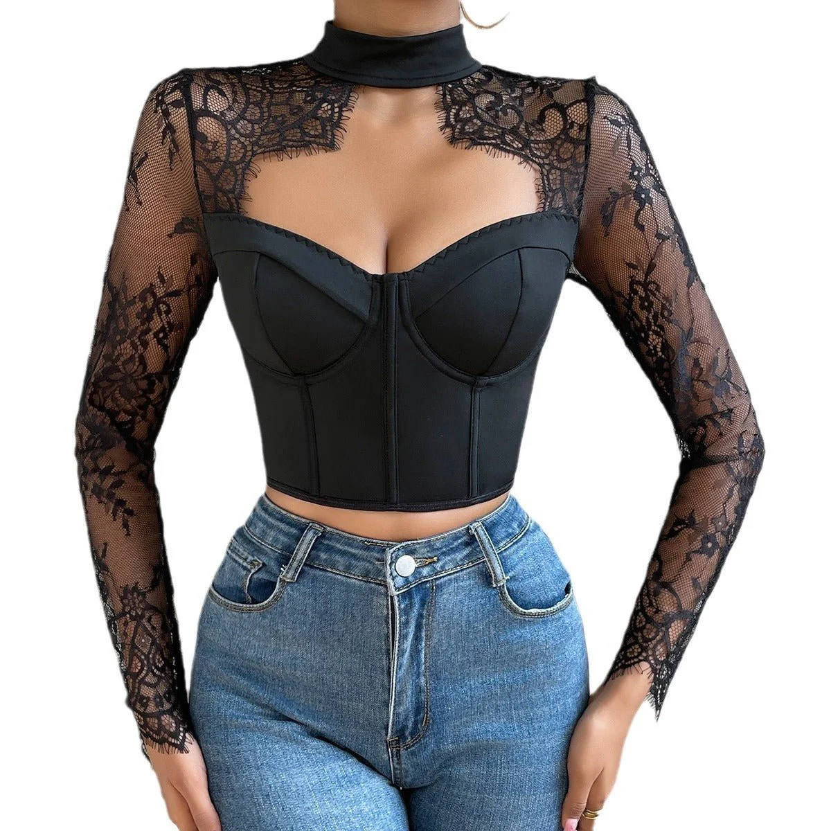 Low-cut top temperament slim lace long-sleeved cami top - Image 2