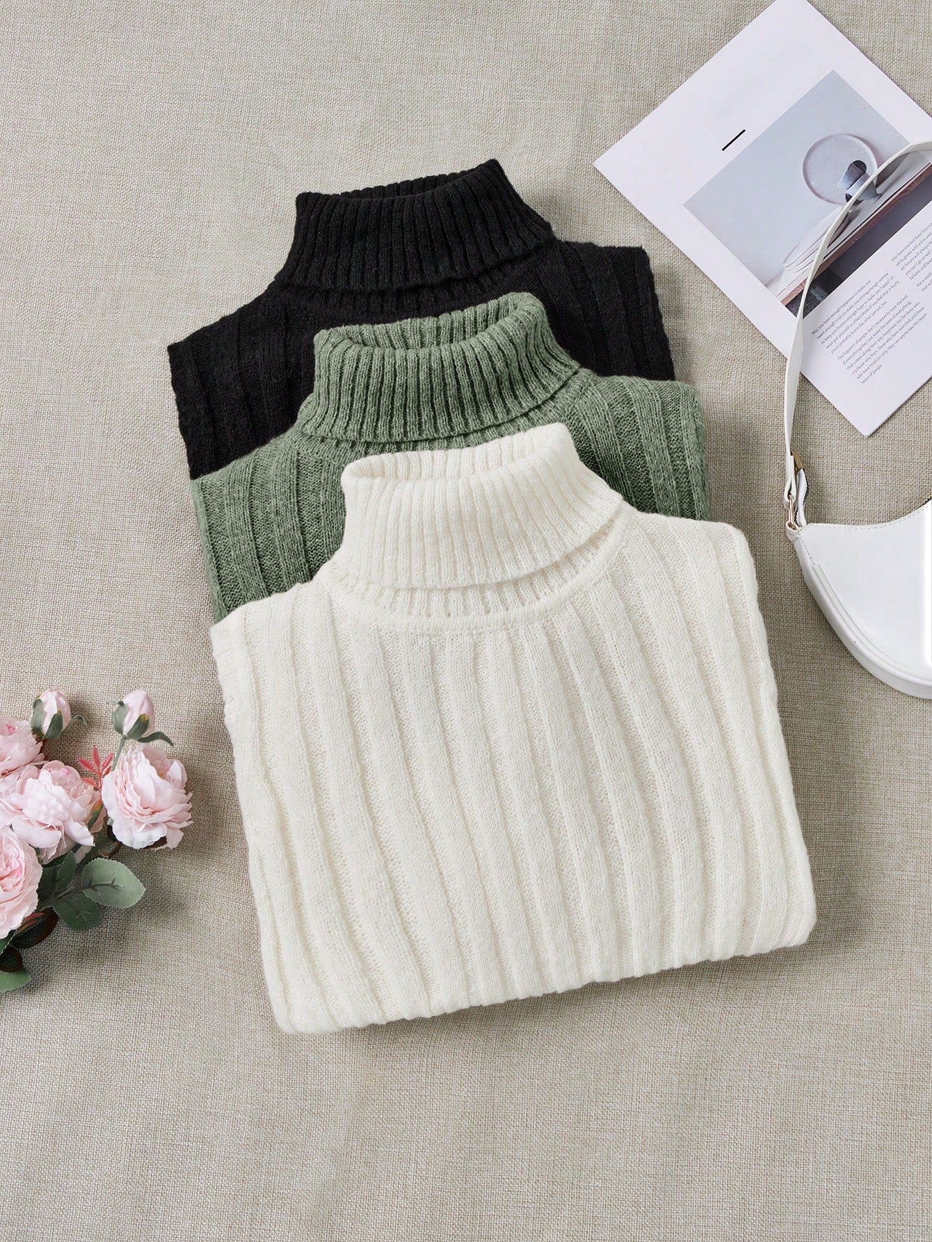 LUNE 3pcs/Set Turtleneck Ribbed Fashionable All-Match Pullover Sweaters - Image 3