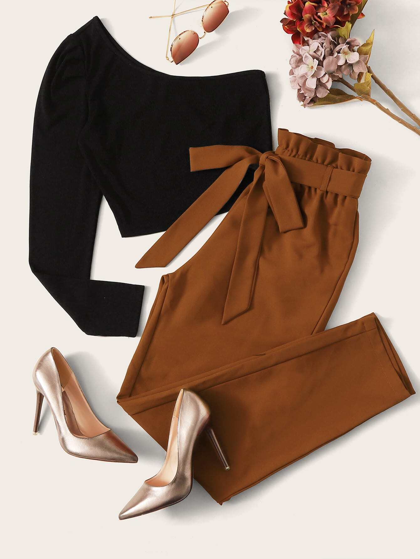 LUNE One Shoulder Top & Paperbag Waist Belted Pants Set - Image 12