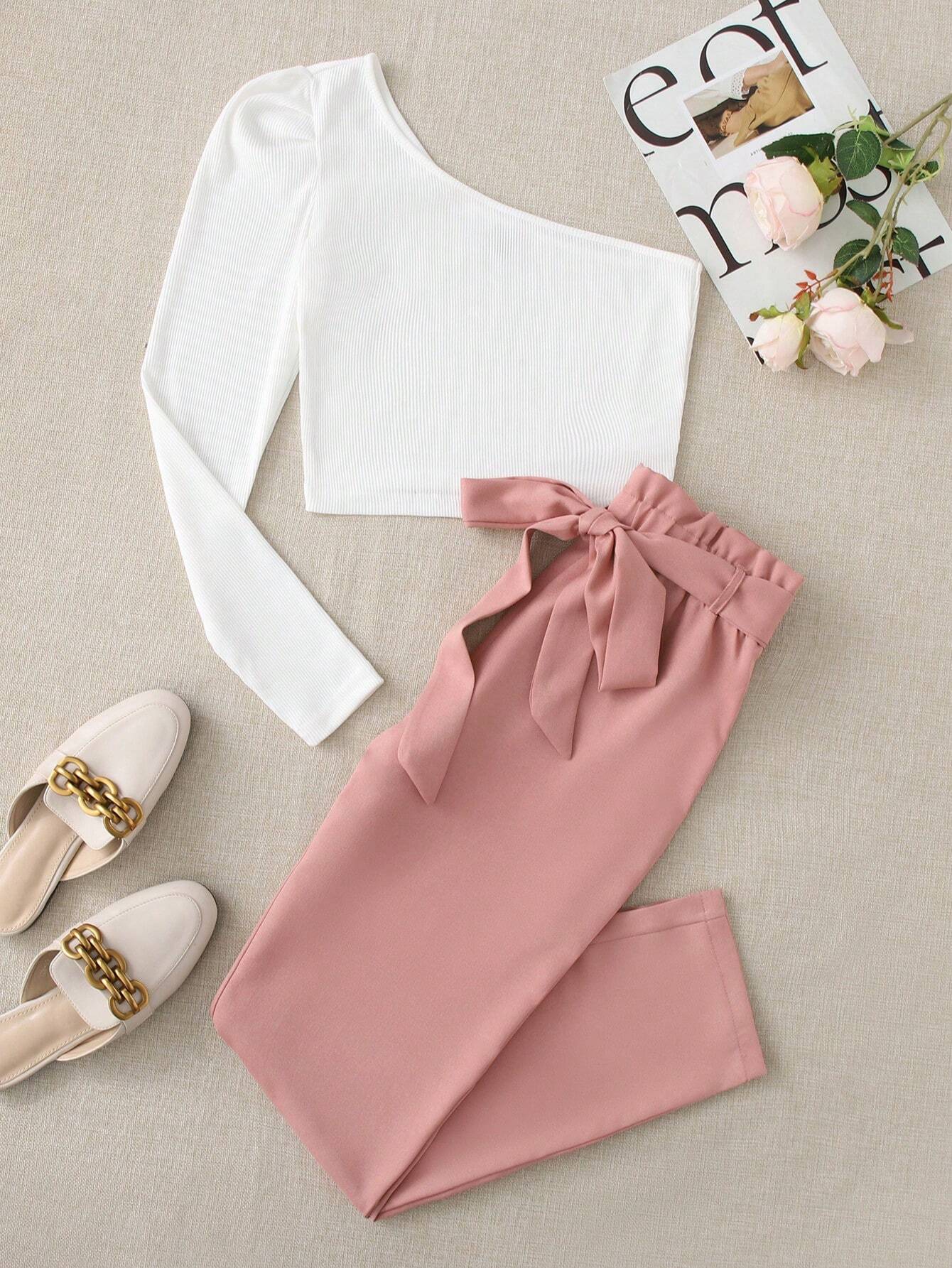 LUNE One Shoulder Top & Paperbag Waist Belted Pants Set - Image 13
