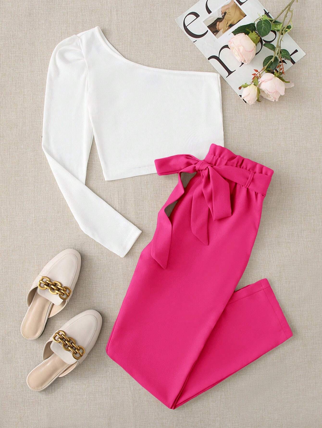 LUNE One Shoulder Top & Paperbag Waist Belted Pants Set - Image 16
