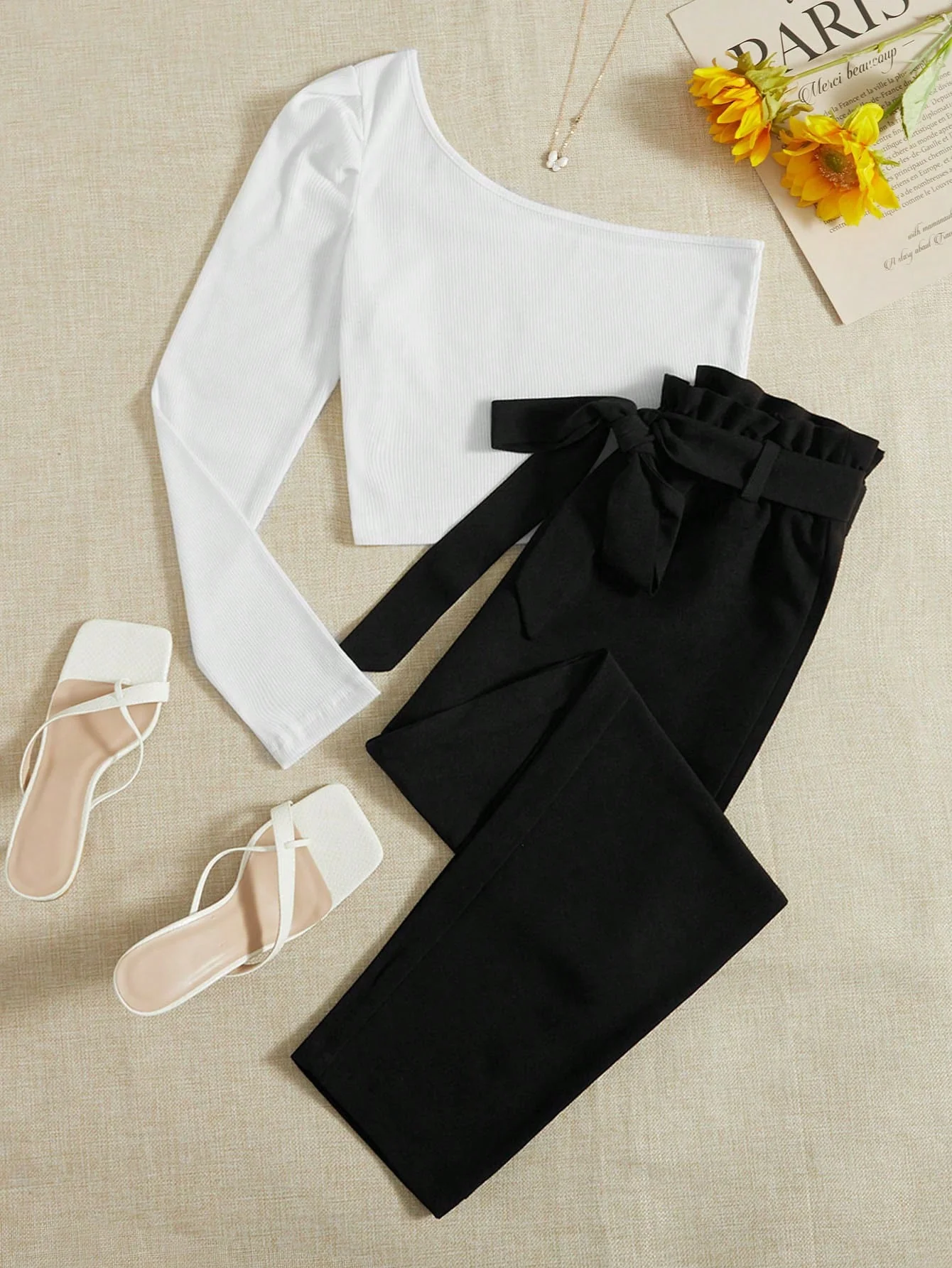 LUNE One Shoulder Top & Paperbag Waist Belted Pants Set - Image 3
