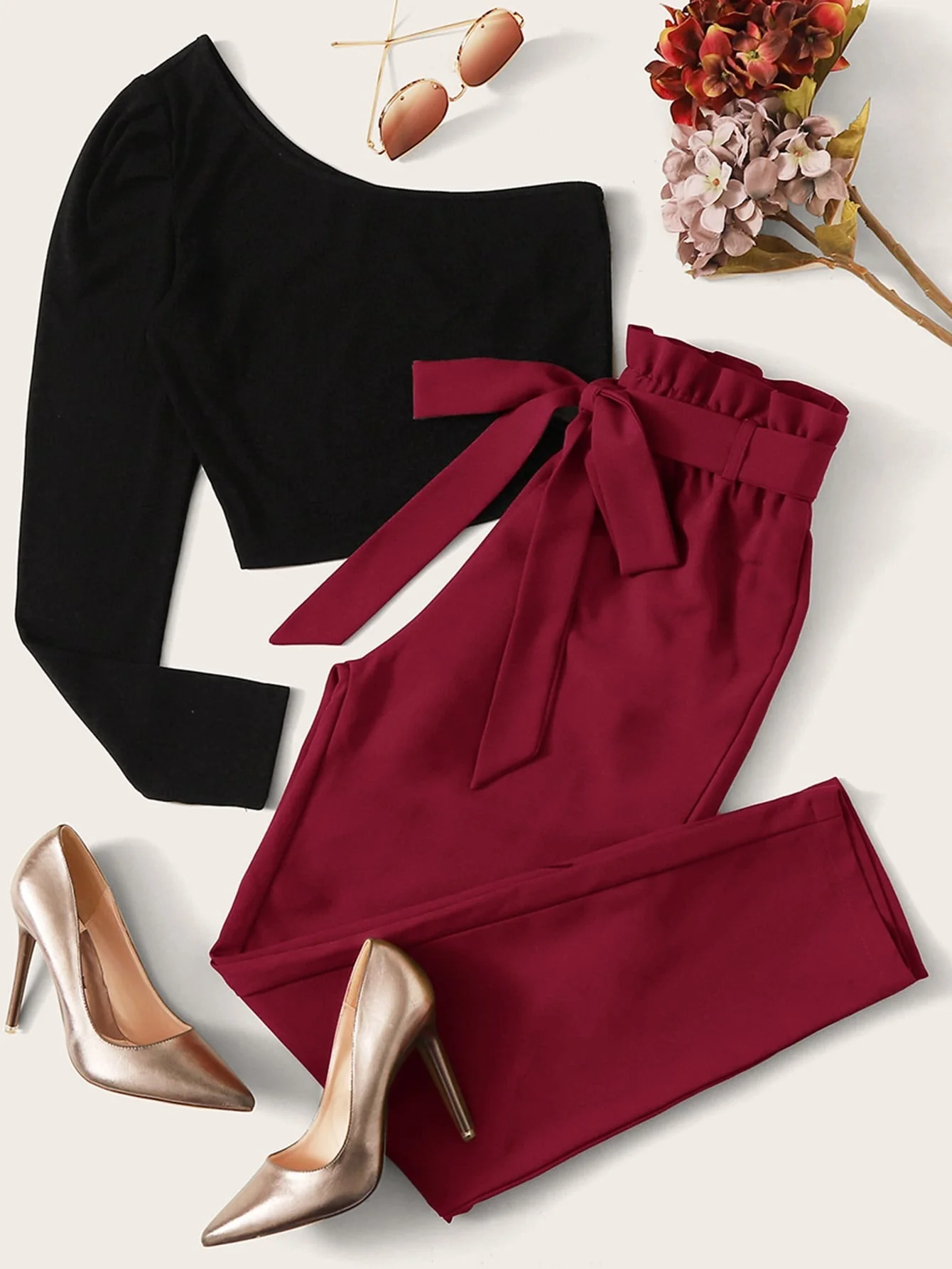 LUNE One Shoulder Top & Paperbag Waist Belted Pants Set - Image 4