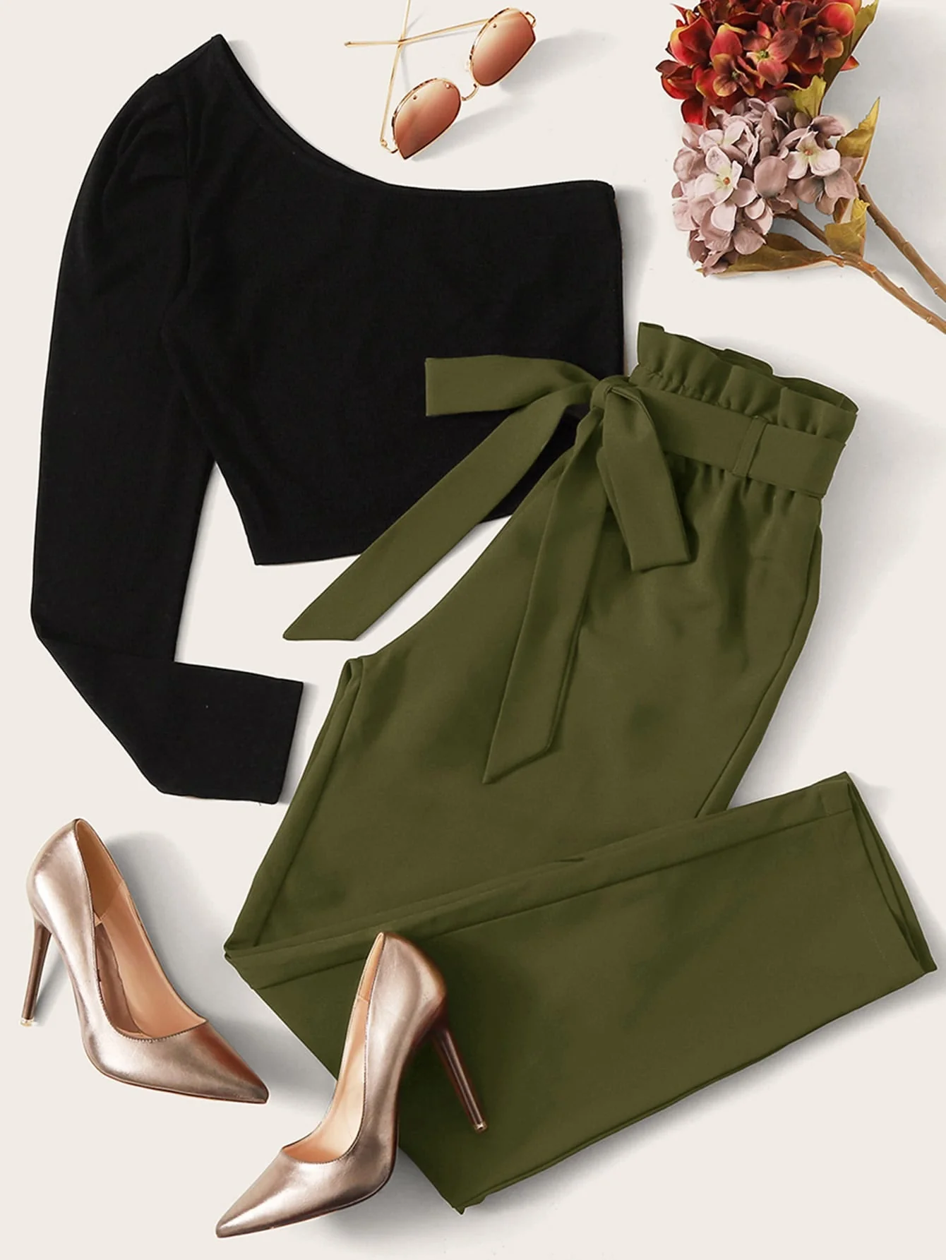 LUNE One Shoulder Top & Paperbag Waist Belted Pants Set - Image 6