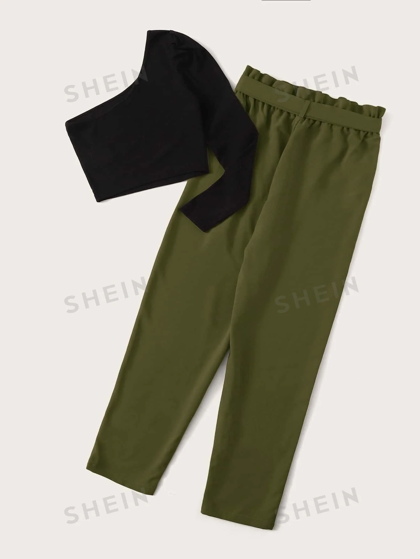 LUNE One Shoulder Top & Paperbag Waist Belted Pants Set - Image 8