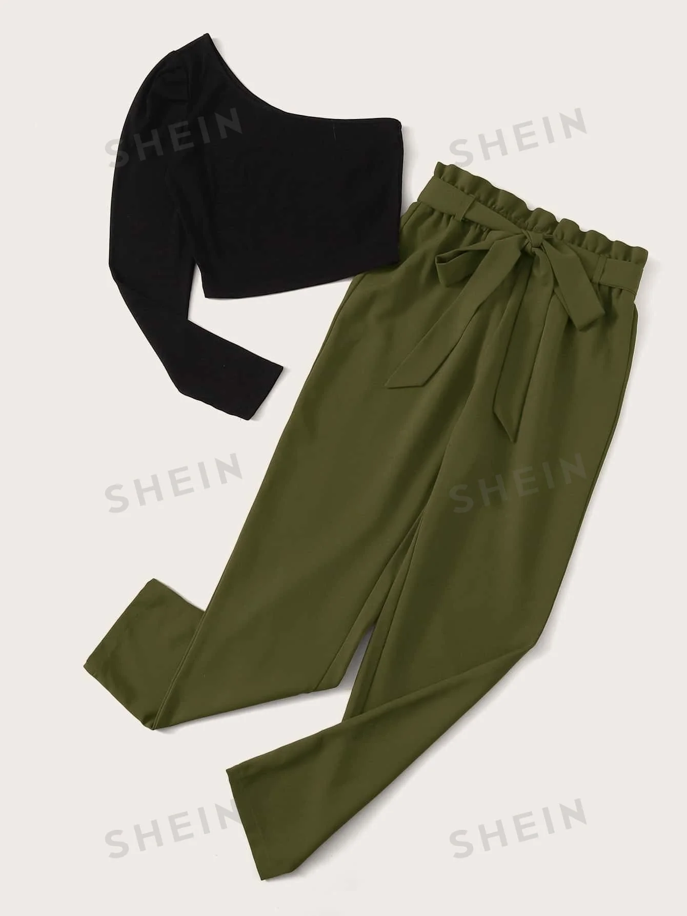 LUNE One Shoulder Top & Paperbag Waist Belted Pants Set - Image 9