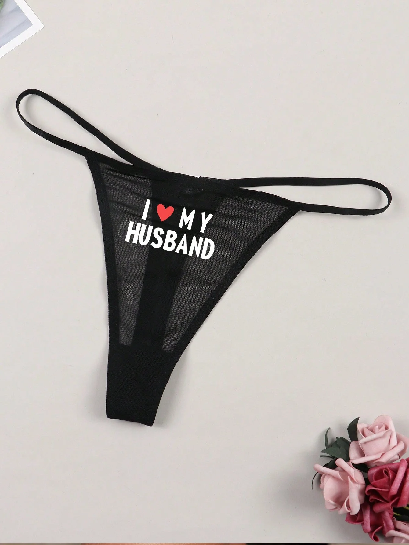 Mesh Whisper | Black Slogan Print Breathable Lace Thong
