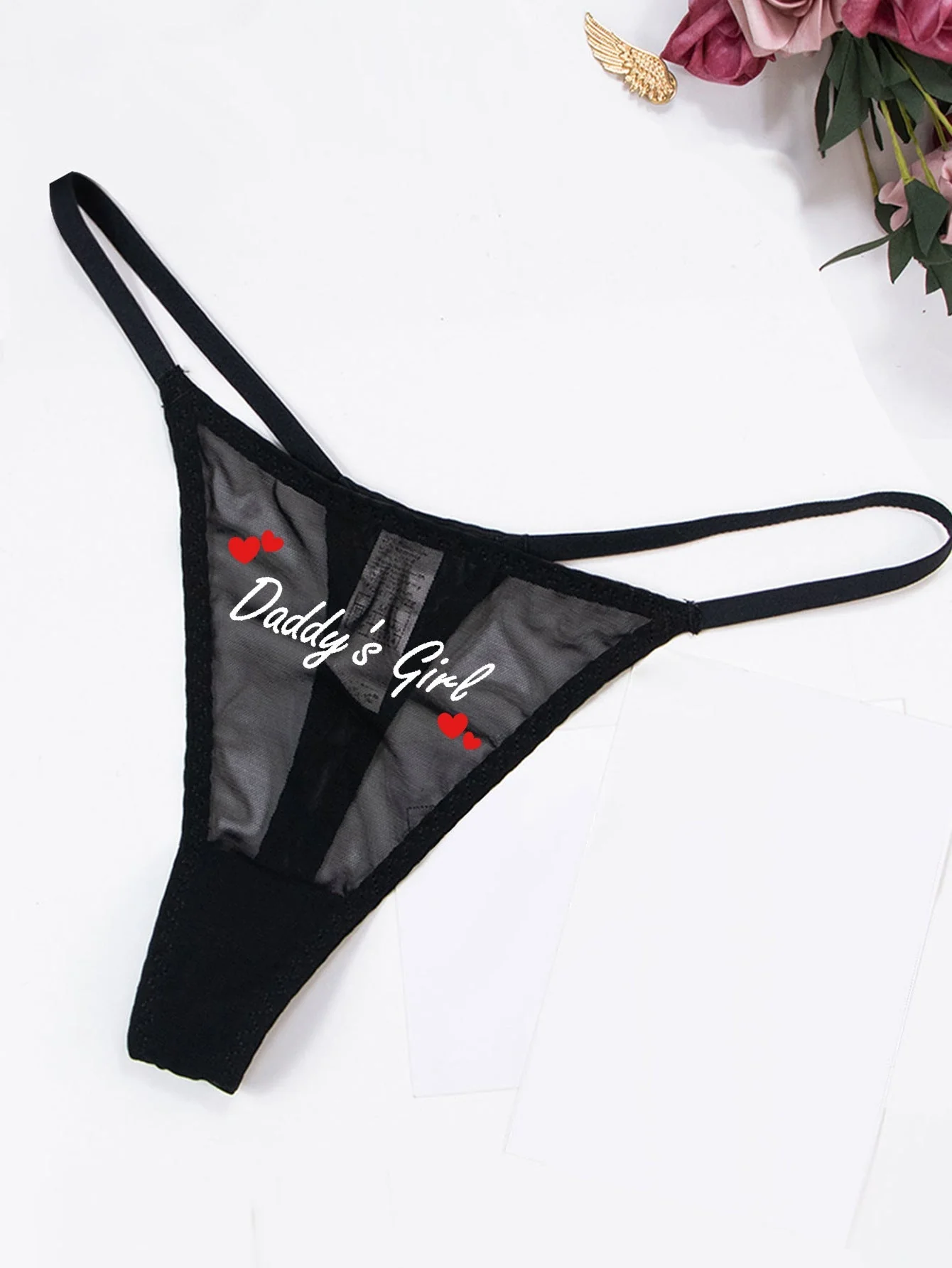 Mesh Whisper | Black Slogan Print Breathable Lace Thong - Image 4