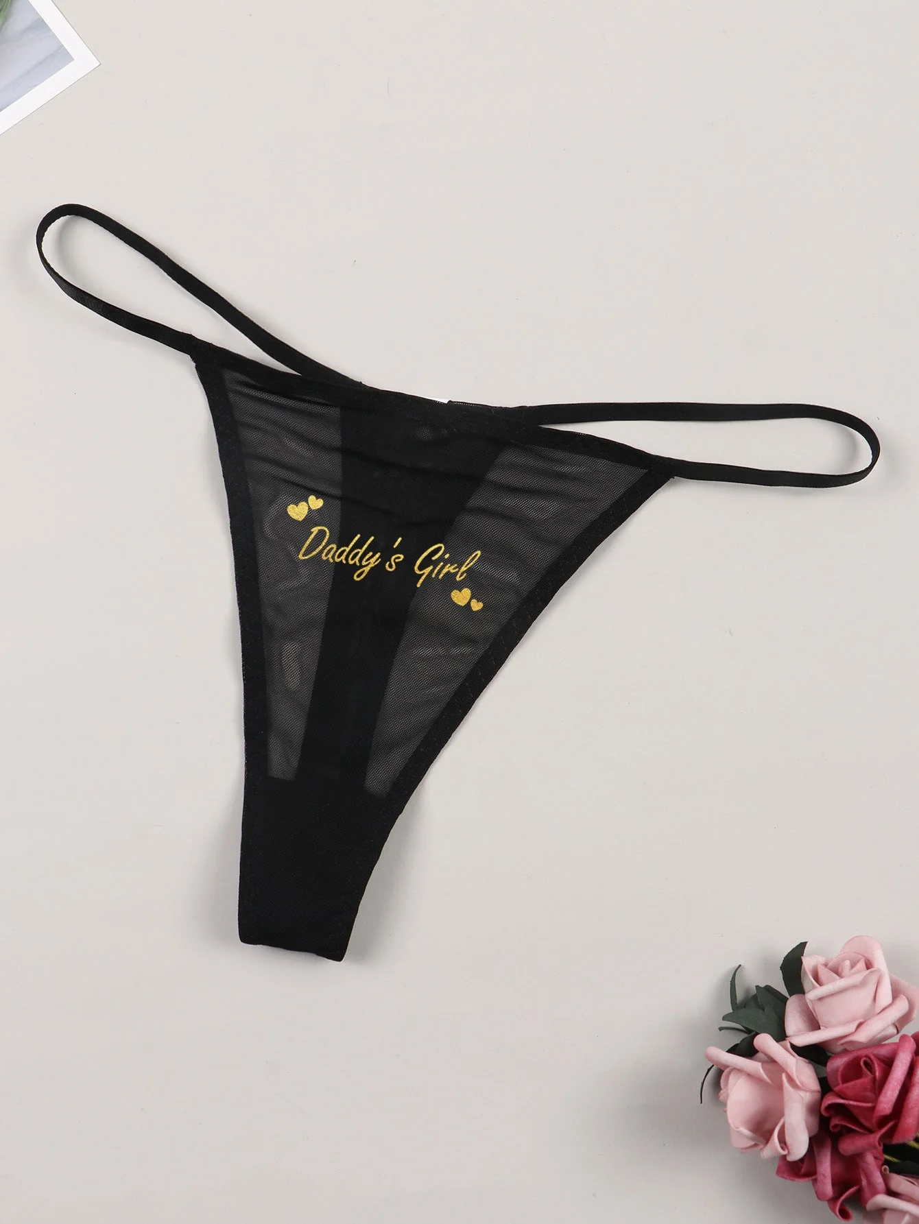Mesh Whisper | Black Slogan Print Breathable Lace Thong - Image 5