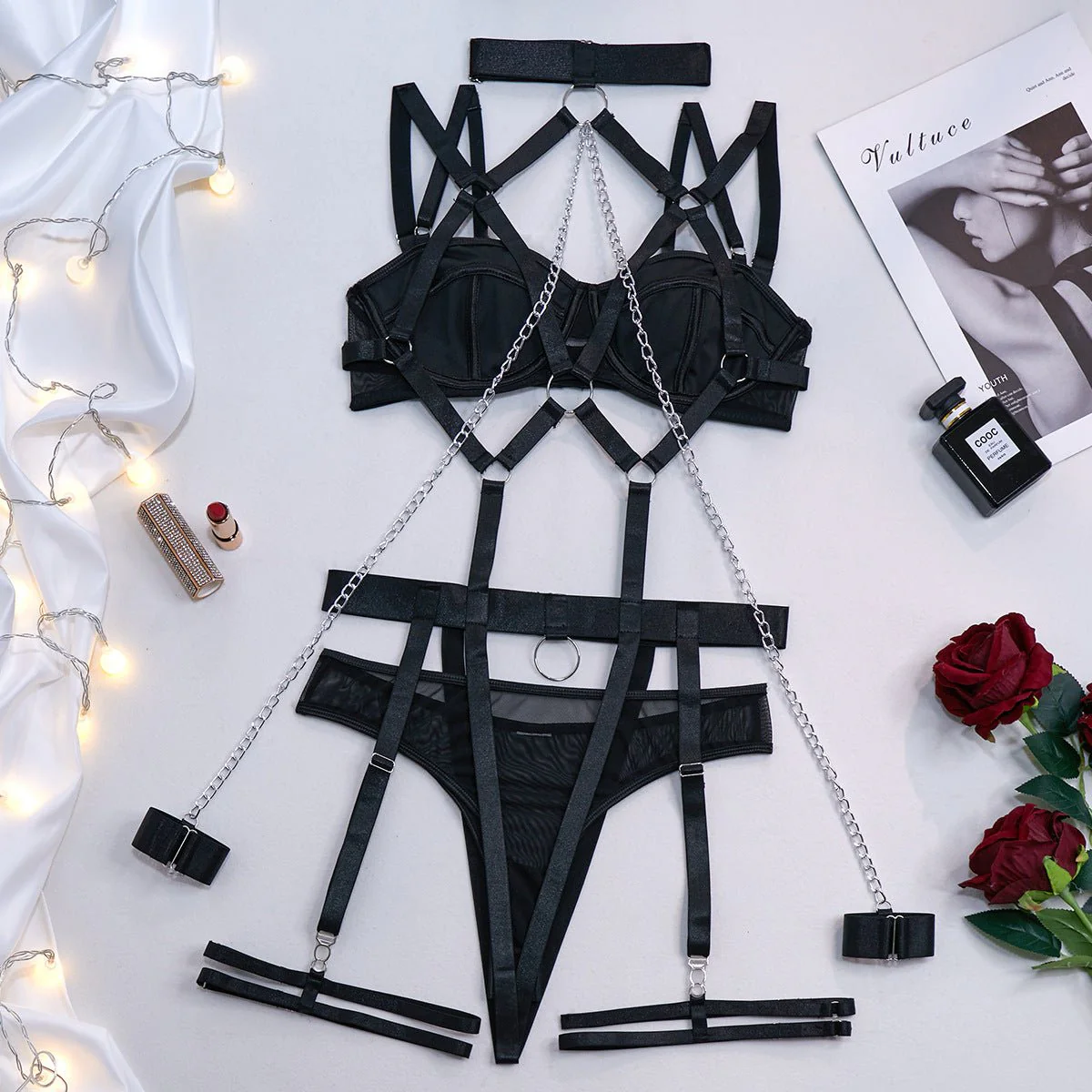 Midnight Rebel | Chain-Detail 4-Piece Mesh Lingerie Set - Image 6